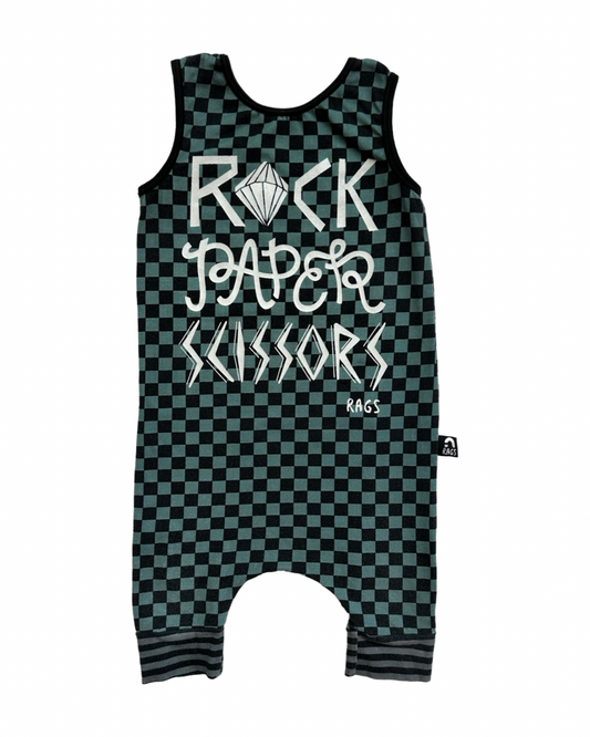 18-24M Baby Boy RAGS to Raches Rock Paper Scissors Green & Black Checked Shortie Romper (Copy)