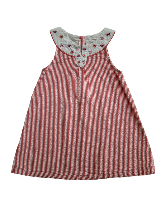 4T Toddler Girl Pink Coral Seersucker Dress with Embroidered Floral Collar