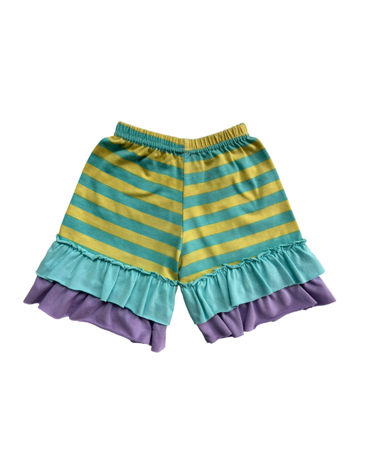 12M-18M Baby Girl Boutique Icing Ruffle Shorts Aqua & Yellow Stripe