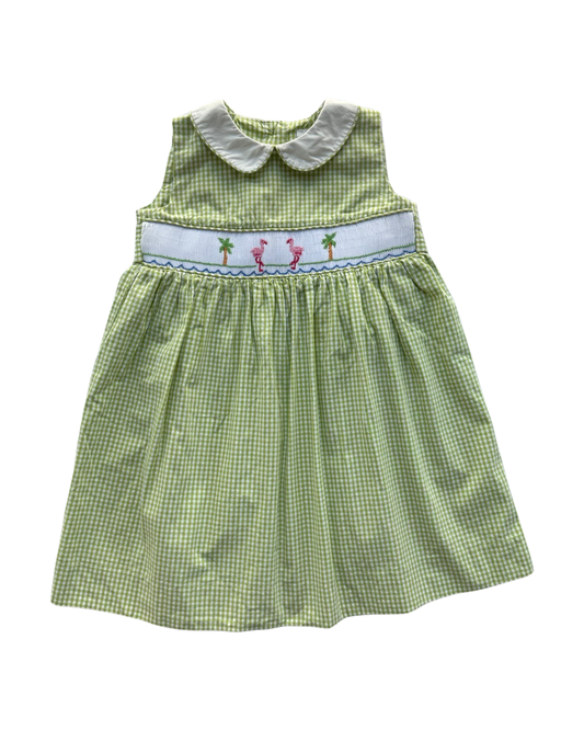 3T Toddler Girl Hartstrings Green Gingham Smocked Flamingo Dress