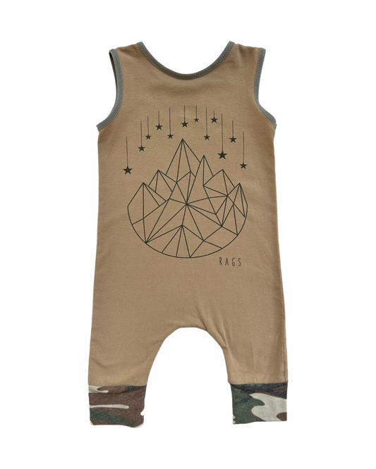 18-24M Baby Boy OG RAGS to Raches Tan Geo Romper with Camo Cuffs