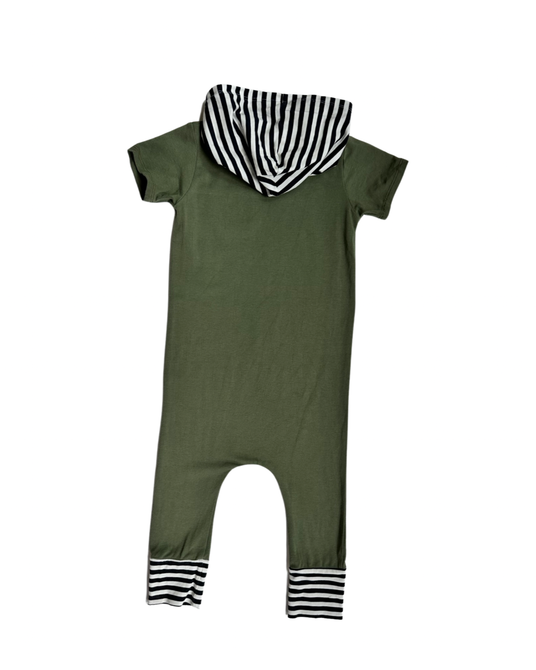 2T Toddler Boy RAGS to Raches Green with Black & White Striped Accents Hooded Short Sleeve Romper