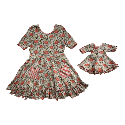 5T Toddler / 6x Toddler Girl Shrimp & Grits Serendipity Pink Pumpkin Twirl Dress With Matching Doll Dress