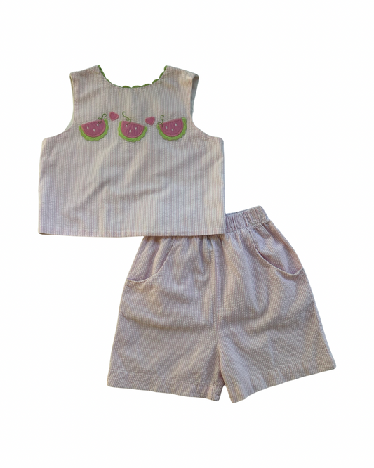 4T Toddler Girl Pink Seersucker Watermelon Appliqué The Bailey Boys 2PC Short Set