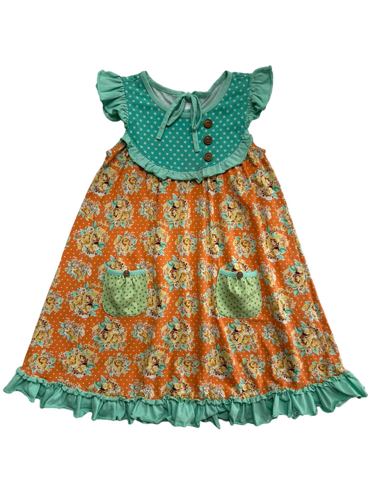 5T Toddler / 6x Toddler Girl Shrimp & Grits Serendipity Orange & Aqua Floral Ruffle Twirl Dress