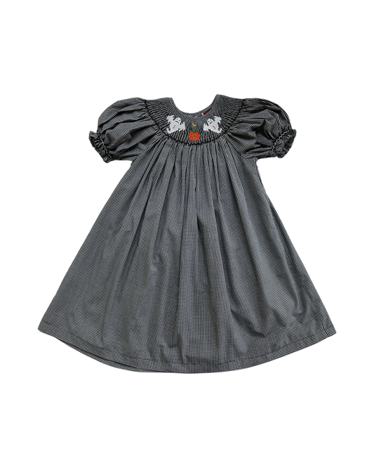 2T Toddler Girl Chocolate Soup Black & White Halloween Smocked Dress with Ghosts and Pumpkin