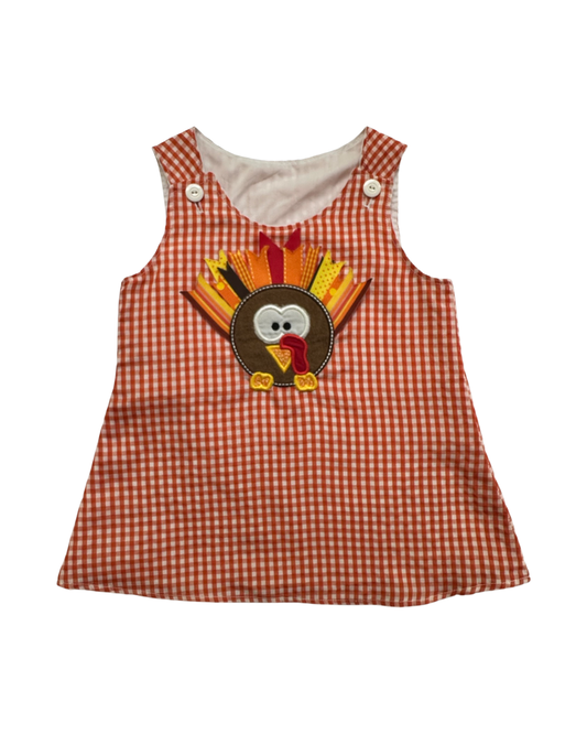 6-12M Baby Girl Thanksgiving Turkey Appliqué Orange Gingham Dress