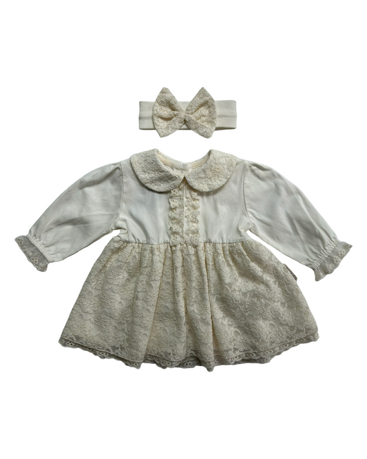 0-3M Baby Girl White / Cream Lace Dress with Headband