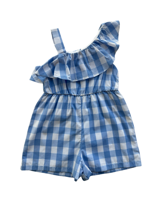 5T Toddler Girl Rare Editions Blue & White Gingham Ruffle Top Romper