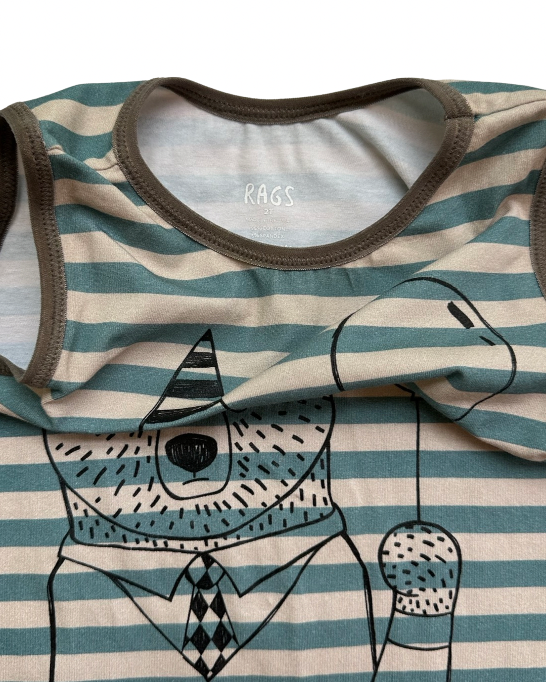 2T Toddler Boy RAGS to Raches Blue Striped Birthday Bear Shortie Tank Romper