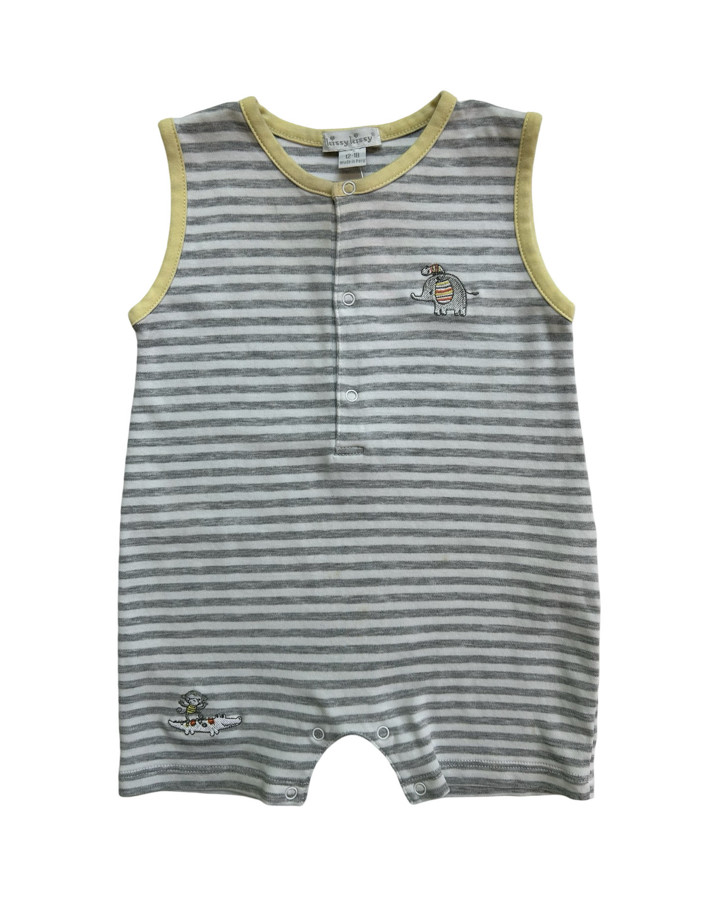 12M-18M Baby Boy Kissy Kissy Gray & White Striped Animal Romper