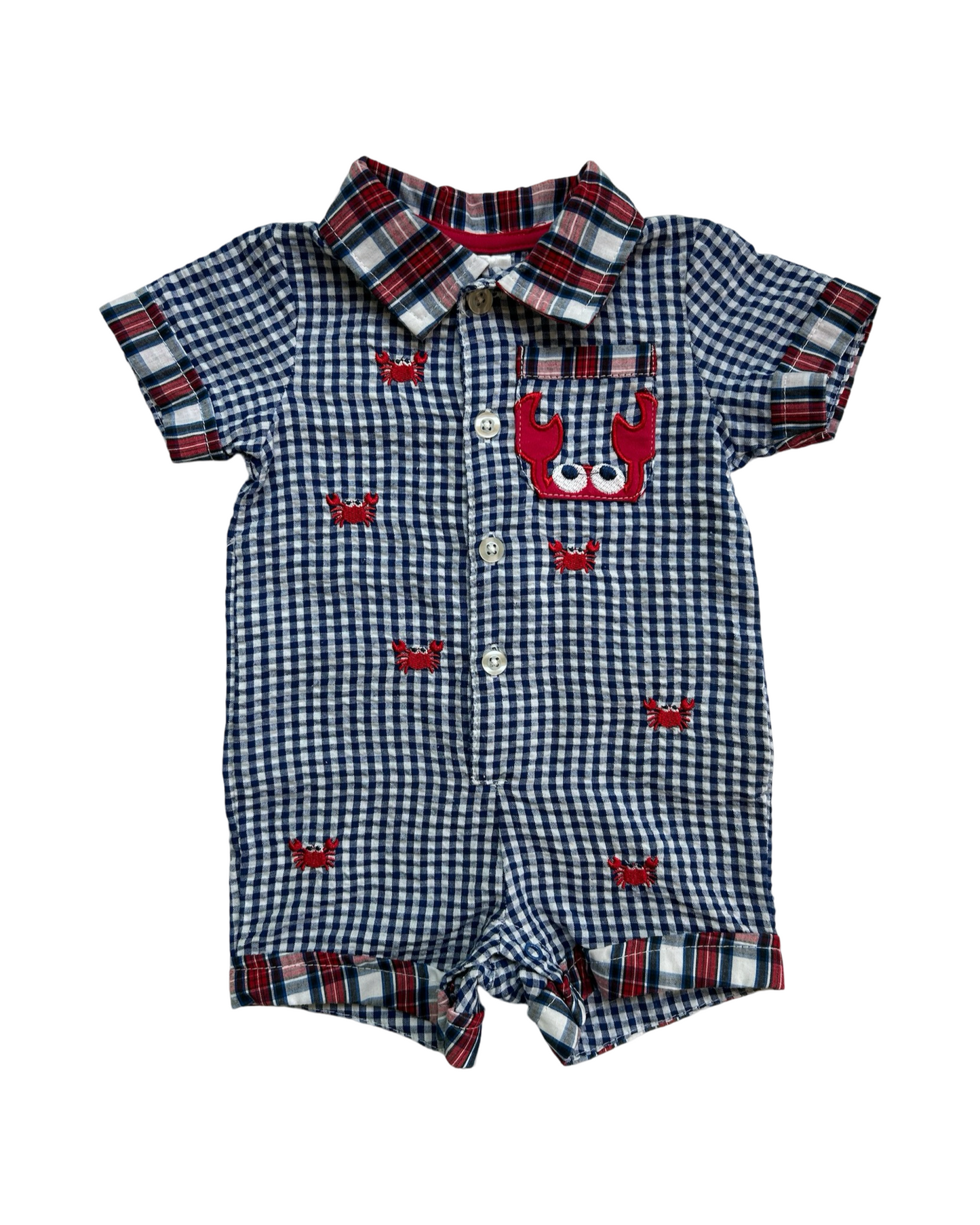 3M Baby Boy Baby Nursery Rhyme  Red / White / Blue Plaid Crab Romper