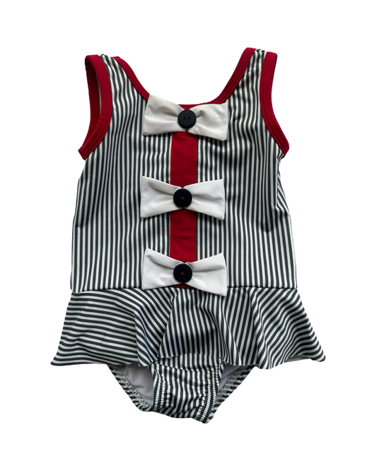 2T Toddler Girl Bella Bliss Navy Striped Red Trim One Piece Swim Suit