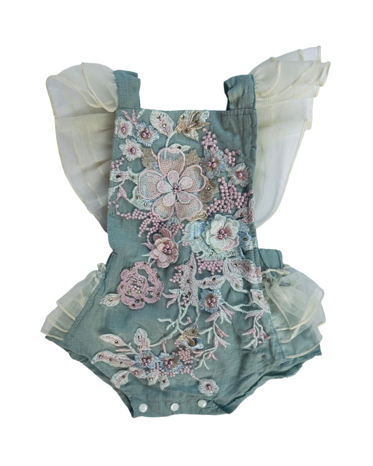 6-12M Baby Girl Little House Boutique  Beautiful Floral Embroidered and Beaded Rufflebutt Bubble Romper