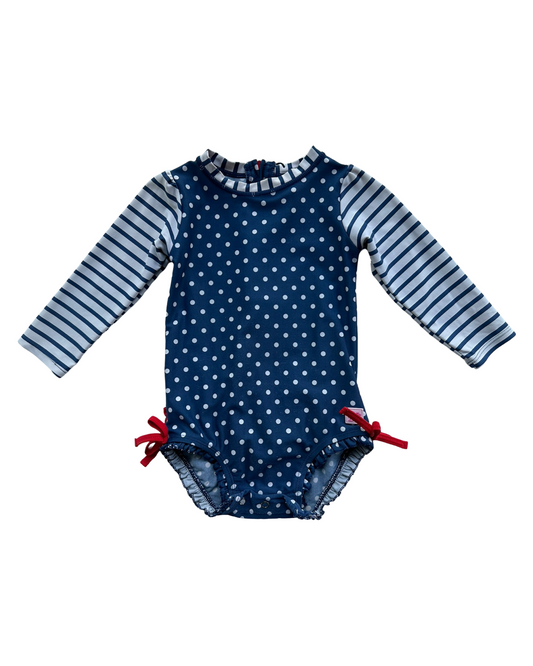 18M-24M Baby Girl American Navy / White Polka Dot RuffleButt RashGuard Swim Suit