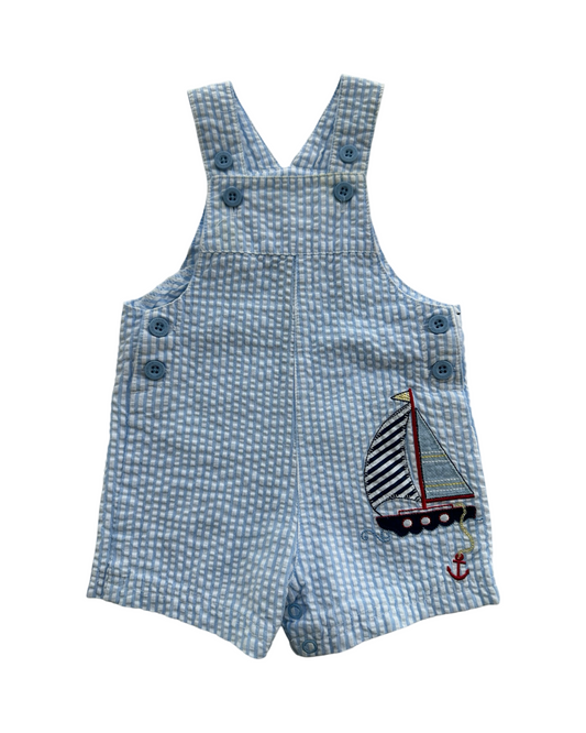 6M Baby Boy Little Me Blue Striped Seersucker Sailboat Overall Romper