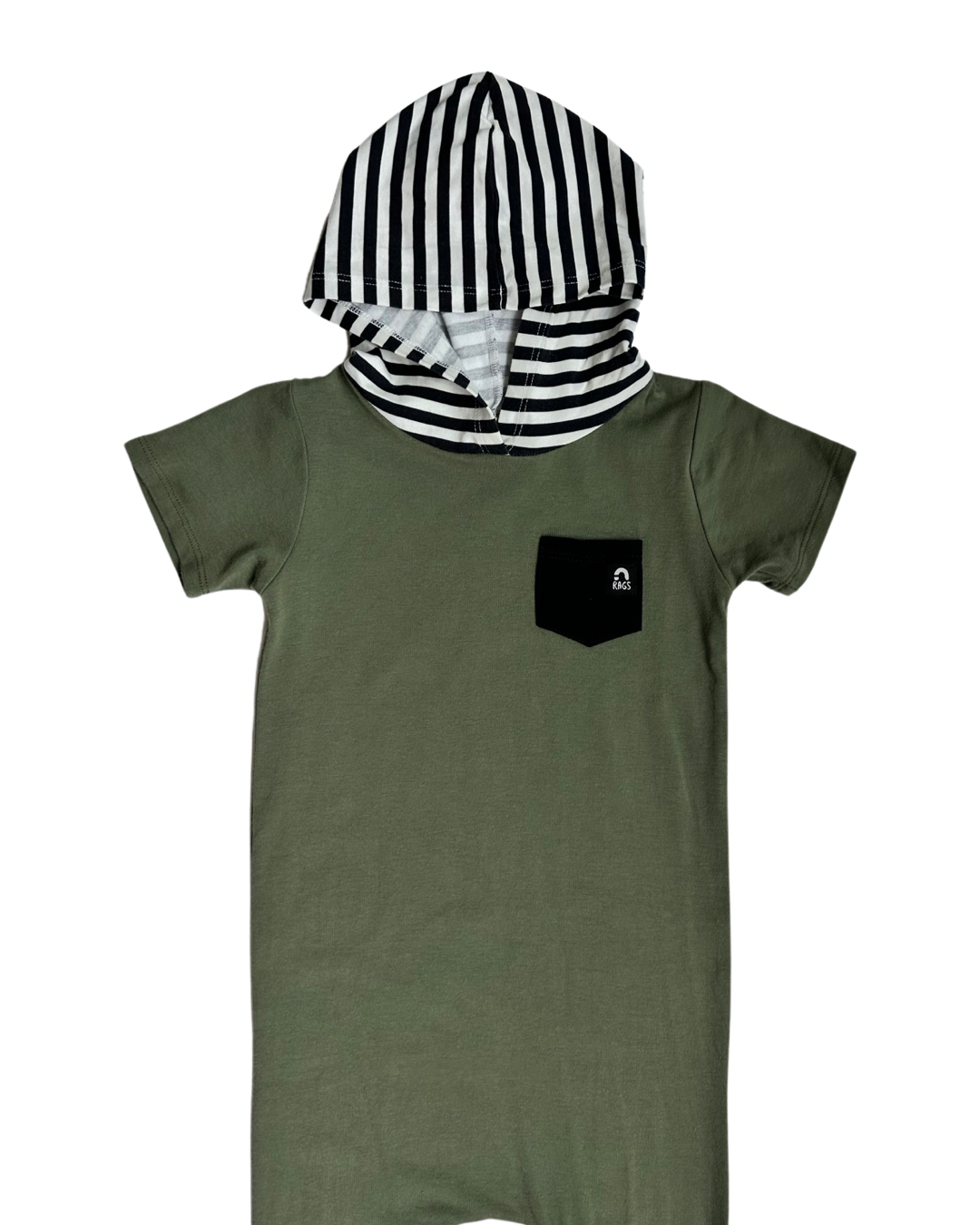 2T Toddler Boy RAGS to Raches Green with Black & White Striped Accents Hooded Short Sleeve Romper