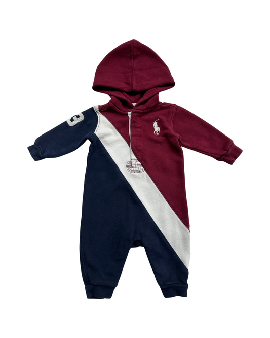 3M Baby Boy Ralph Lauren Polo Navy / Maroon and White Hooded Romper