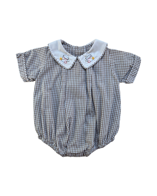 12M Baby Boy Boutique Remember Nguyen Brown and Light Blue Gingham Plaid Bubble with Classic Peter Pan Collar and Sand Castle Embroidery