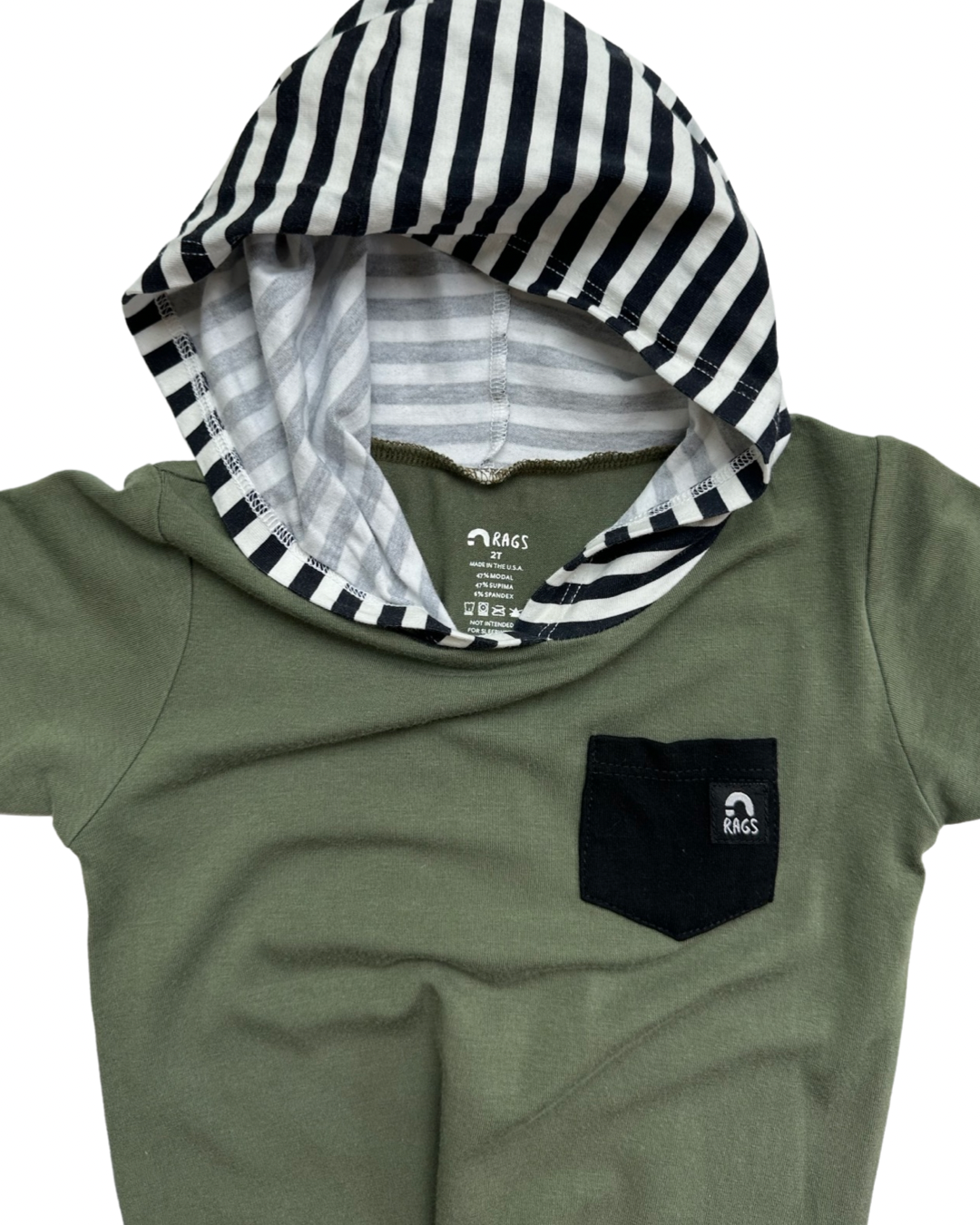 2T Toddler Boy RAGS to Raches Green with Black & White Striped Accents Hooded Short Sleeve Romper