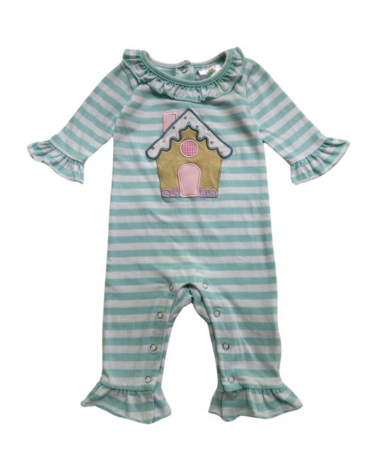 3M Baby Girl Stitchy Fish Mint Striped Gingerbread House Christmas Romper