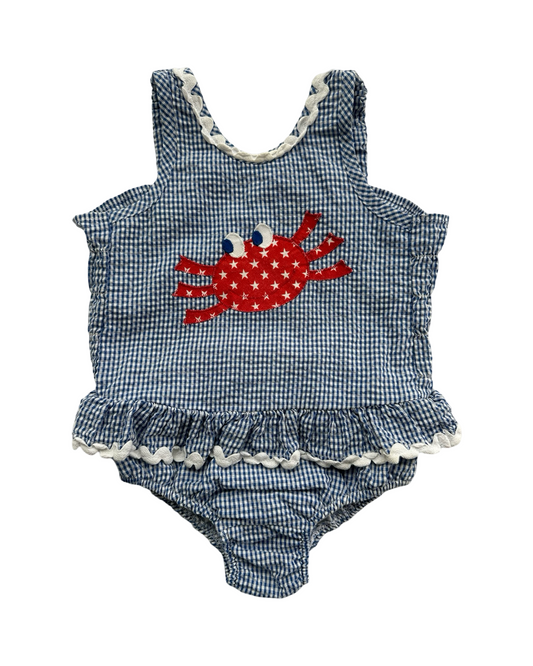 2T Toddler Girl Funtasia! Too.. Blue Gingham Seersucker American Crab One Piece Swim Sun Suit