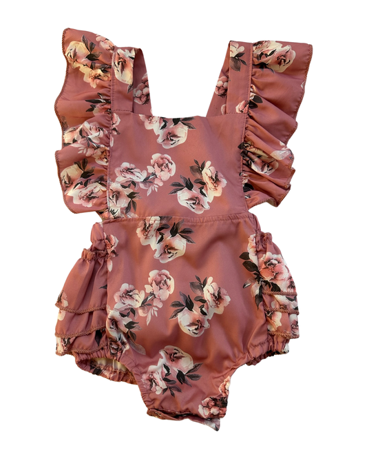 18-24M Baby Girl Mauve Pink Floral Flutter Sleeve Ruffle Romper