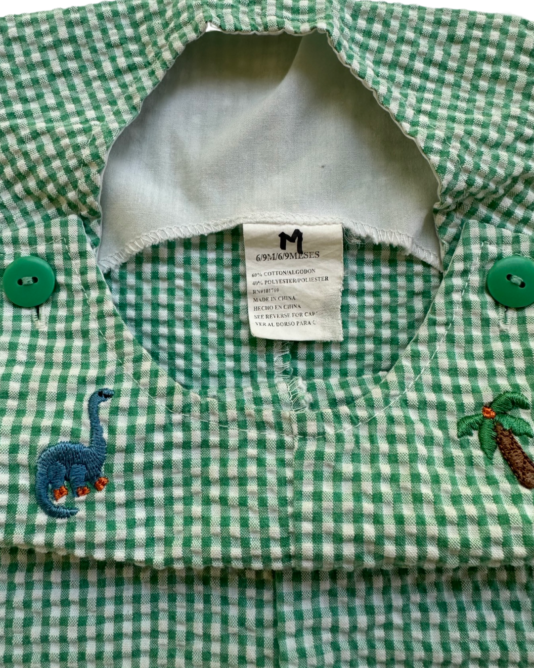 6-9M Baby Boy Green Seersucker Dino Romper