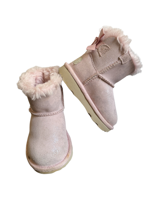 6C Toddler Girl Pink Sparkle Leather UGG Mini Bailey Bow Snow Boots