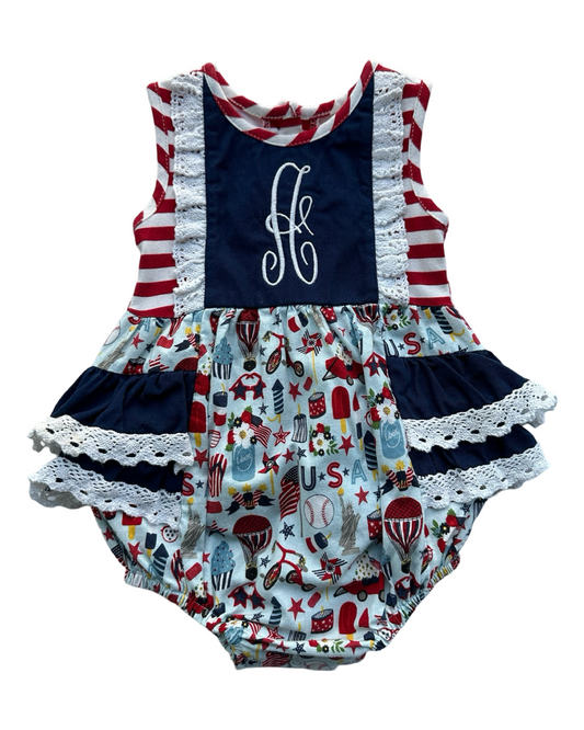 12M Baby Girl Patriotic American Ric Rac & Ruffles Bubble with Monogramed "A"