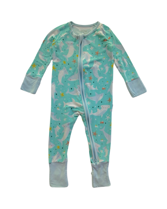 3-6M Baby Boy / Girl Little Sleepies Aqua Sea Life Sharks Zippered PJs