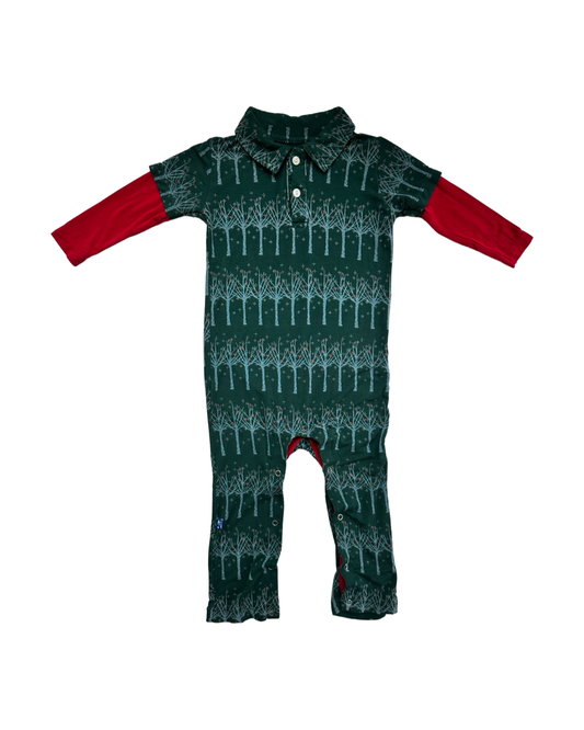 18-24M Baby Boy Bamboo KicKee Pants Green Pine Frosted BirchTree Long Sleeve Polo Romper