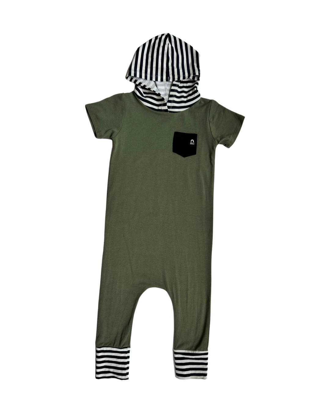 2T Toddler Boy RAGS to Raches Green with Black & White Striped Accents Hooded Short Sleeve Romper