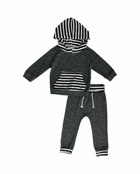 12-18M Baby Boy Gray Hip Baby Jogger Set with Black / White Striped Detail