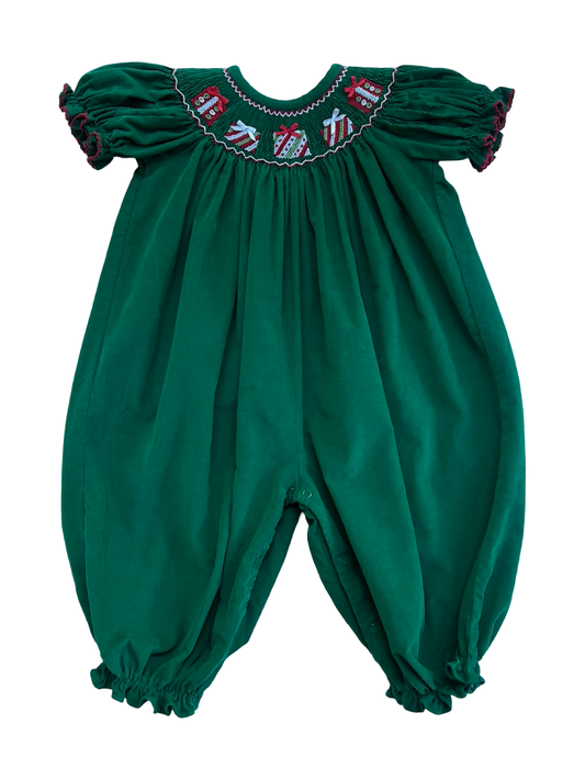 2T Toddler Girl Boutique Green Corduroy Smocked Classic Whimsy Holiday / Christmas Bubble Romper