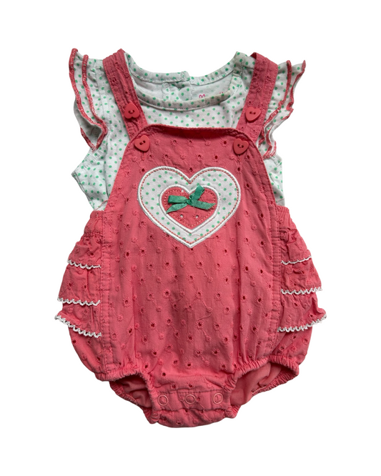 6-9M Baby Girl Pink Nanette Eyelet Rufflebutt Romper with Aqua Polkadot Shirt