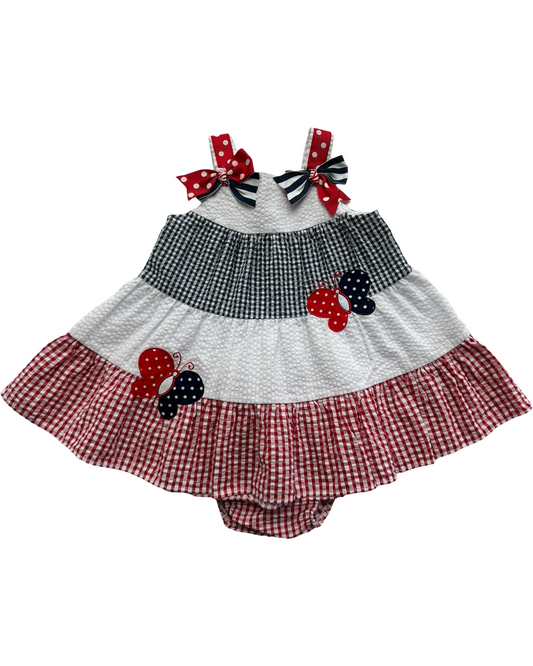 6-9M Baby Girl Red / White / Blue Seersucker Rare Editions American Butterfly Dress w/ Bloomers