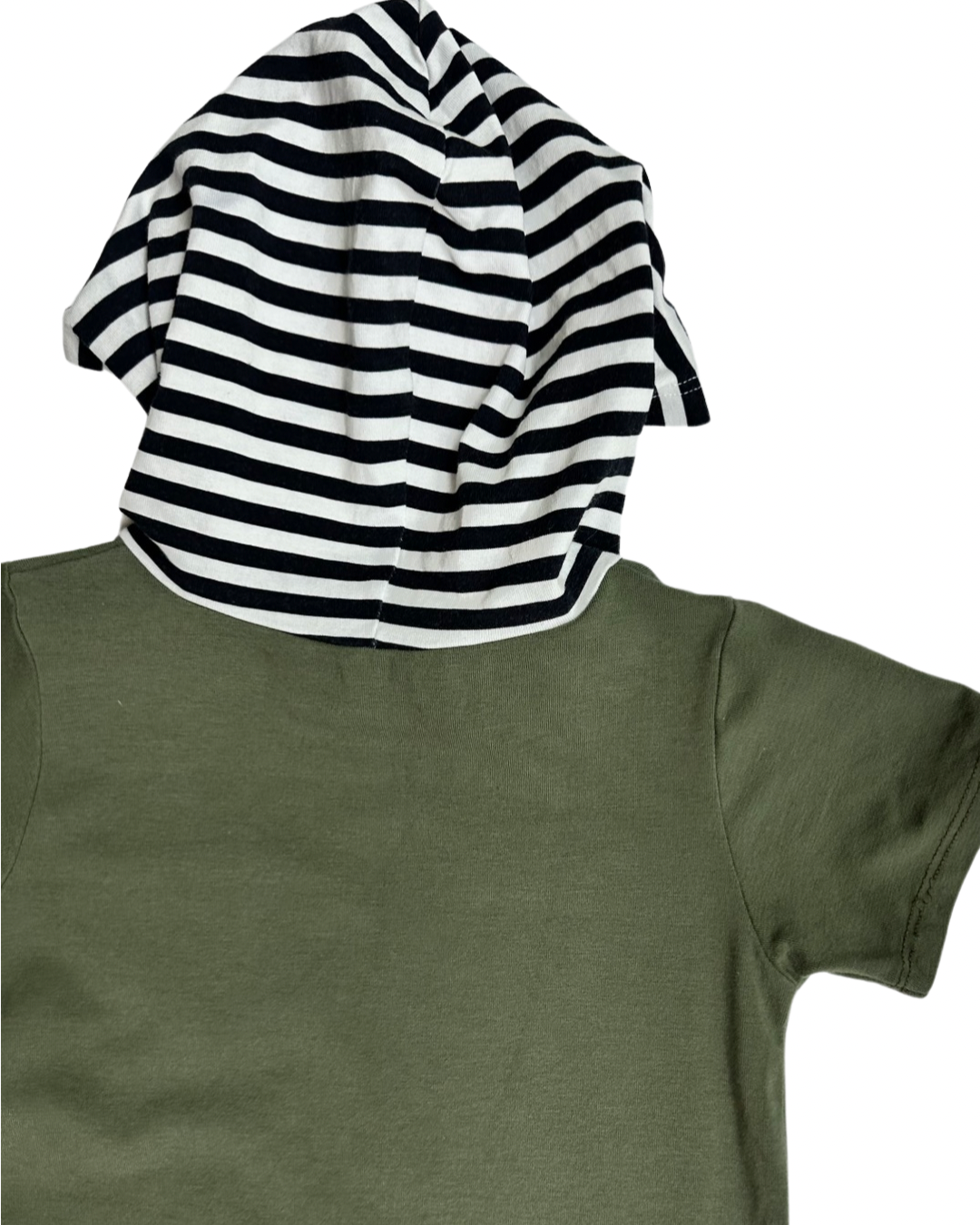 2T Toddler Boy RAGS to Raches Green with Black & White Striped Accents Hooded Short Sleeve Romper