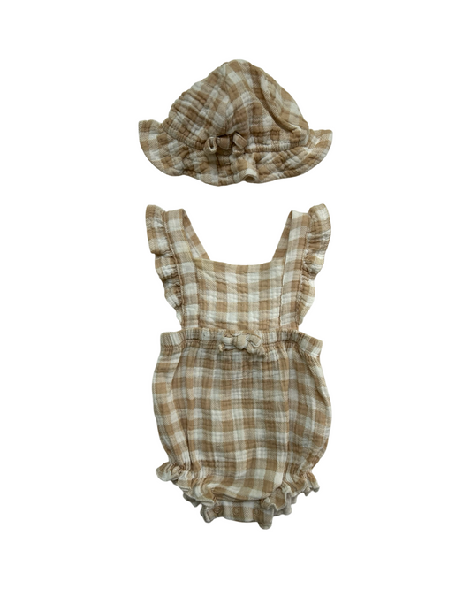 3-6M Baby Girl Emily & Oliver Tan Gingham Muslin Bubble Romper