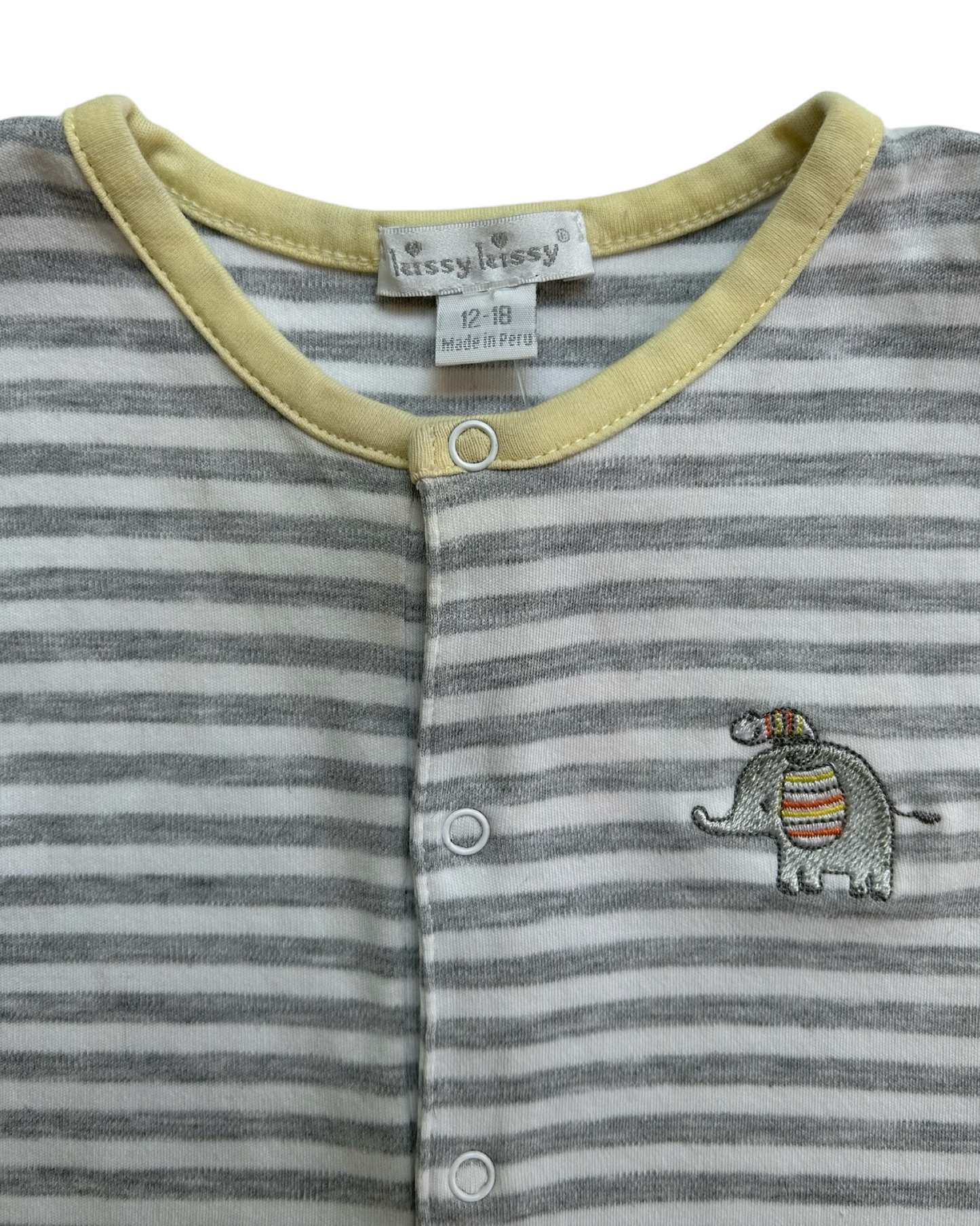 12M-18M Baby Boy Kissy Kissy Gray & White Striped Animal Romper