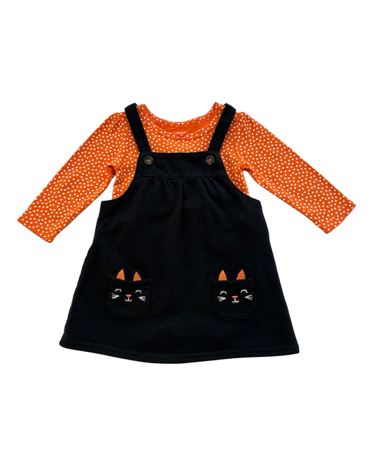 9M Baby Girl Carter's Black Cat Halloween Romper with Orange Polka Dot Onesie Set