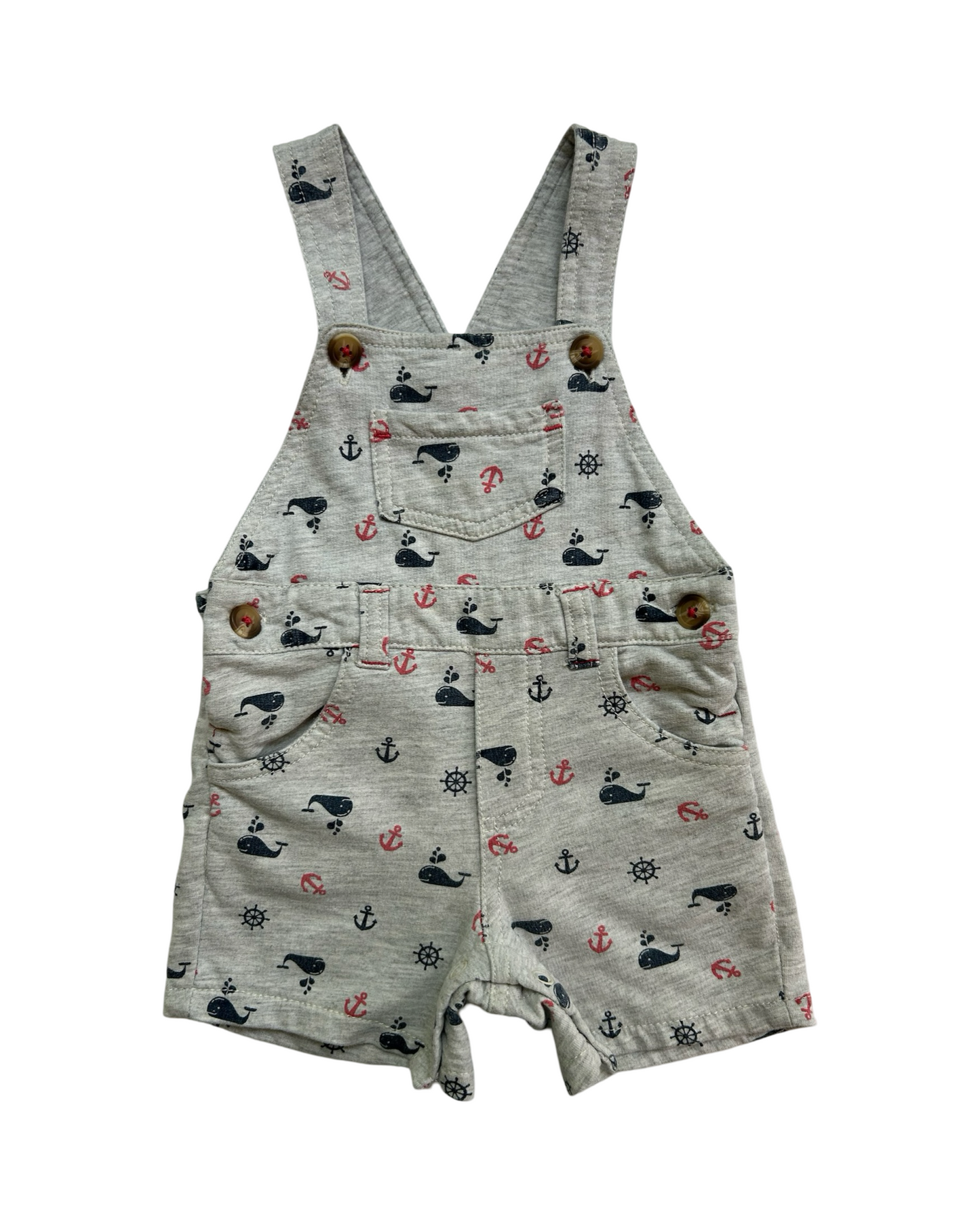 12M Baby Boy Gray Whale / Anchor Overall Romper