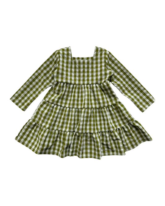 5T Toddler Girl Honey Bean Boutique Green Gingham Long Sleeve Dress