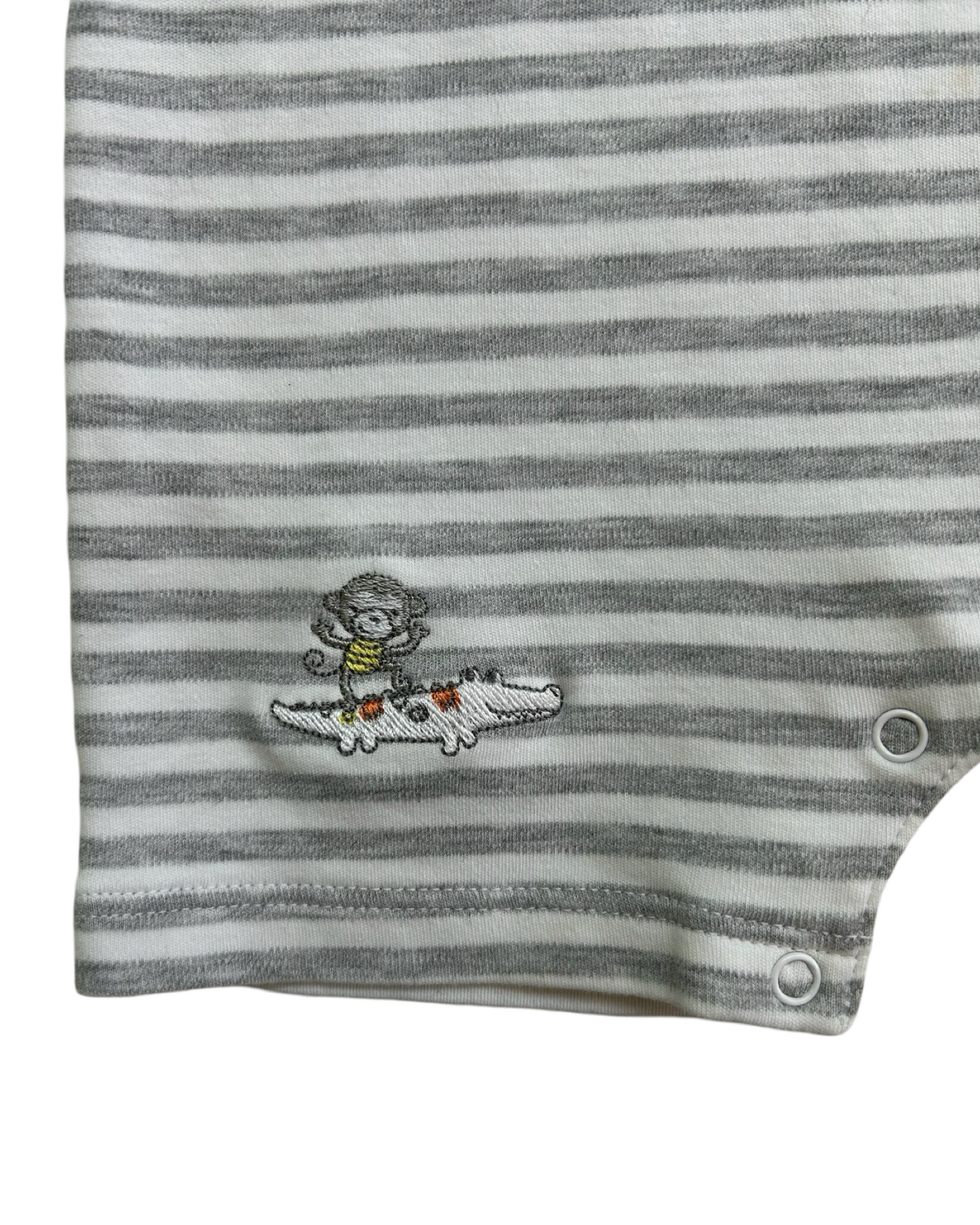 12M-18M Baby Boy Kissy Kissy Gray & White Striped Animal Romper