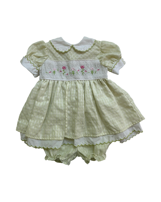 6-9M Baby Girl Green Classic B.T. Kids Smocked Floral Peter Pan Collar Dress