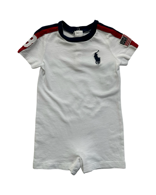 6M Baby Boy White American Large Horse Ralph Lauren Romper