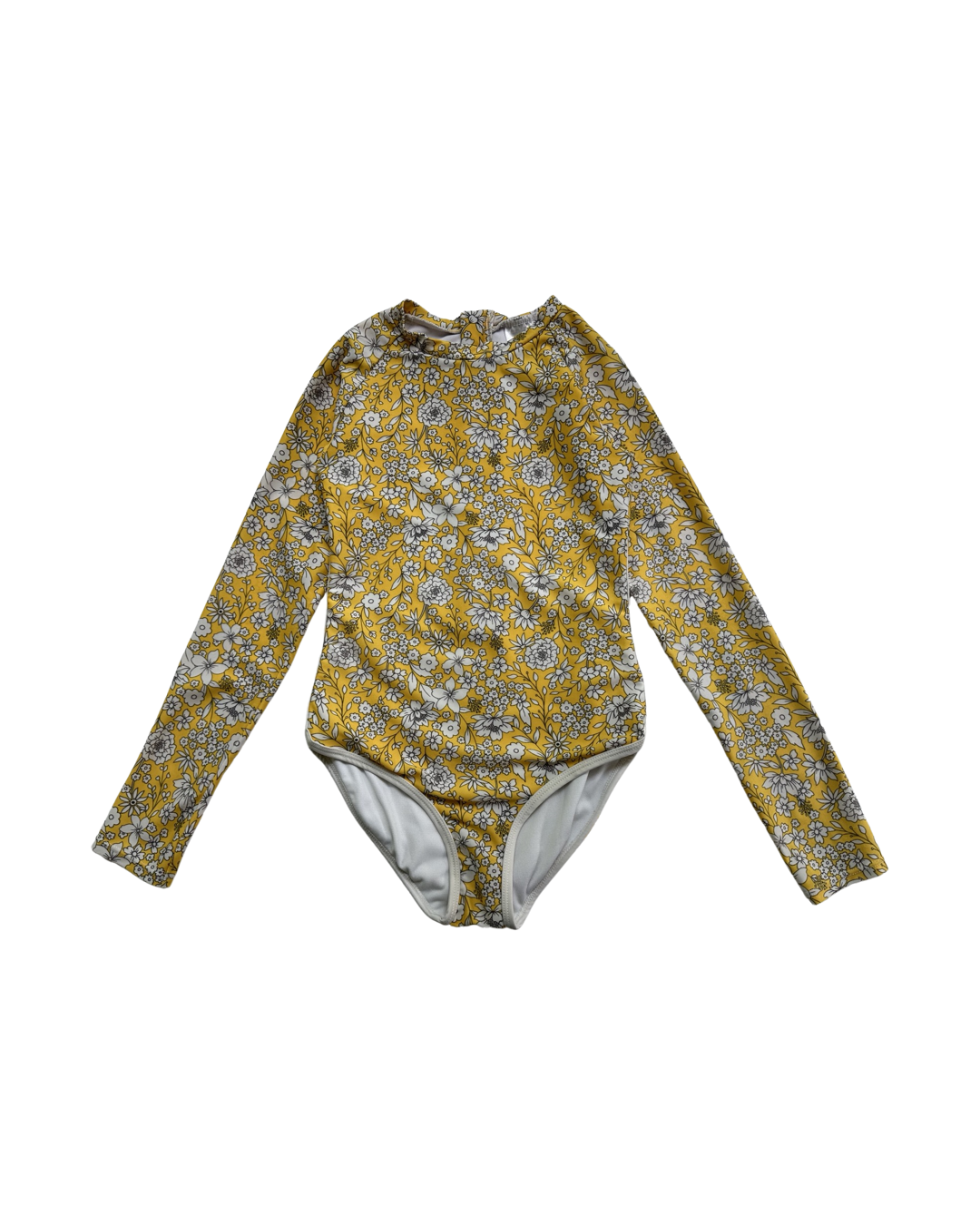 Youth Girls Medium 7/8 Art Class Long Sleeve RashGuard Yellow Floral Swim Suit