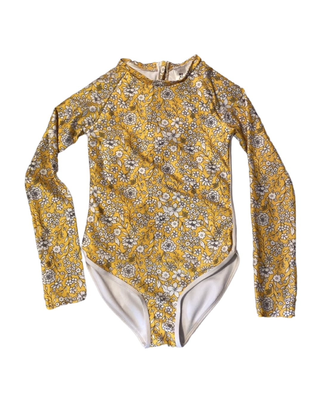 Youth Girls Medium 7/8 Art Class Long Sleeve RashGuard Yellow Floral Swim Suit