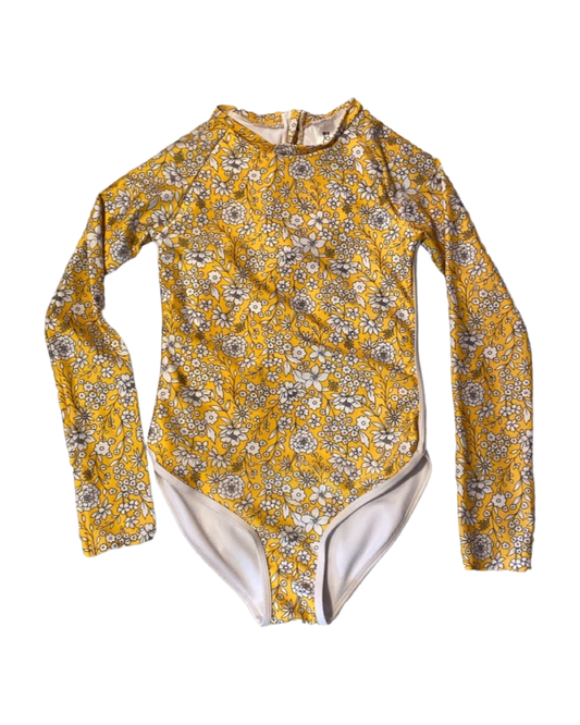 Youth Girls Medium 7/8 Art Class Long Sleeve RashGuard Yellow Floral Swim Suit