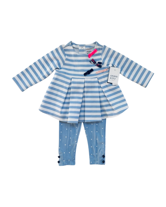 9M Baby Girl Crown & Ivy Blue Striped Long Sleeve Top with Matching Leggings Outfit